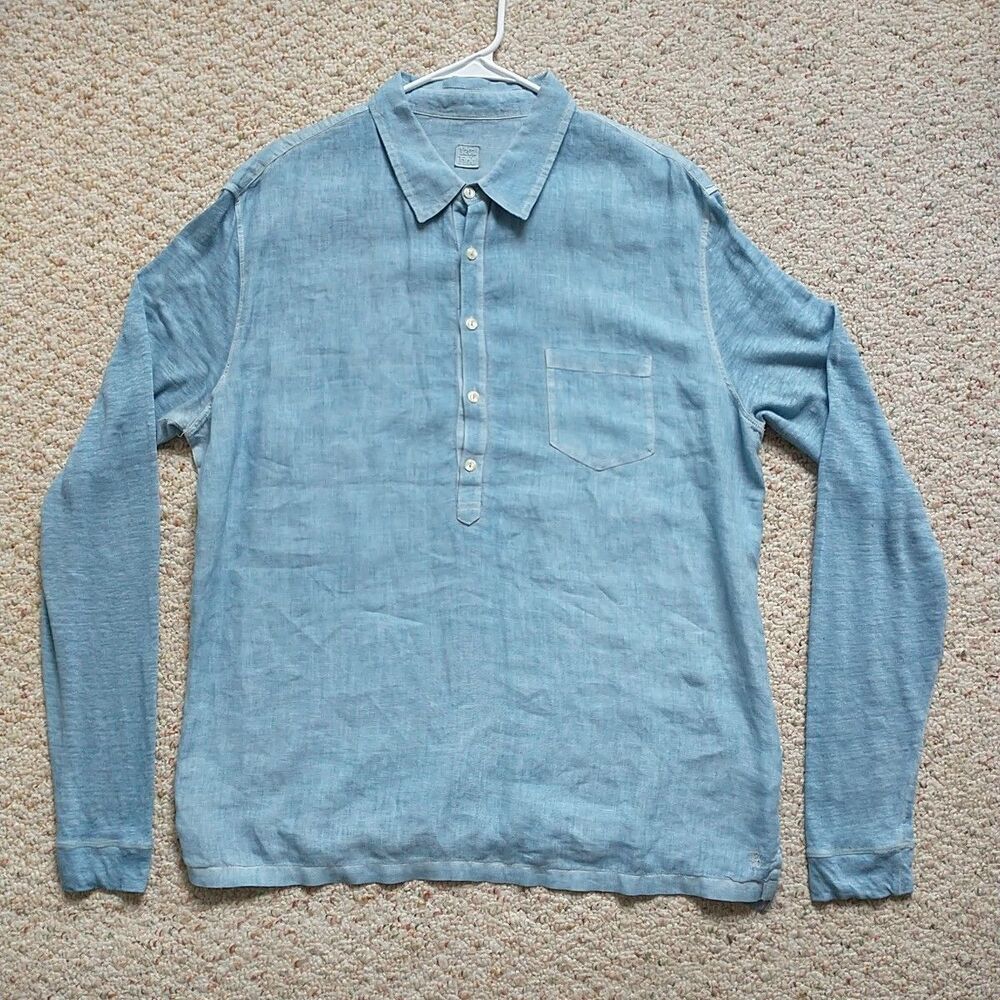 120% Lino Polo Shirt Mens 3XL Blue Linen Long Sleeve Collared Buttons Knit Woven